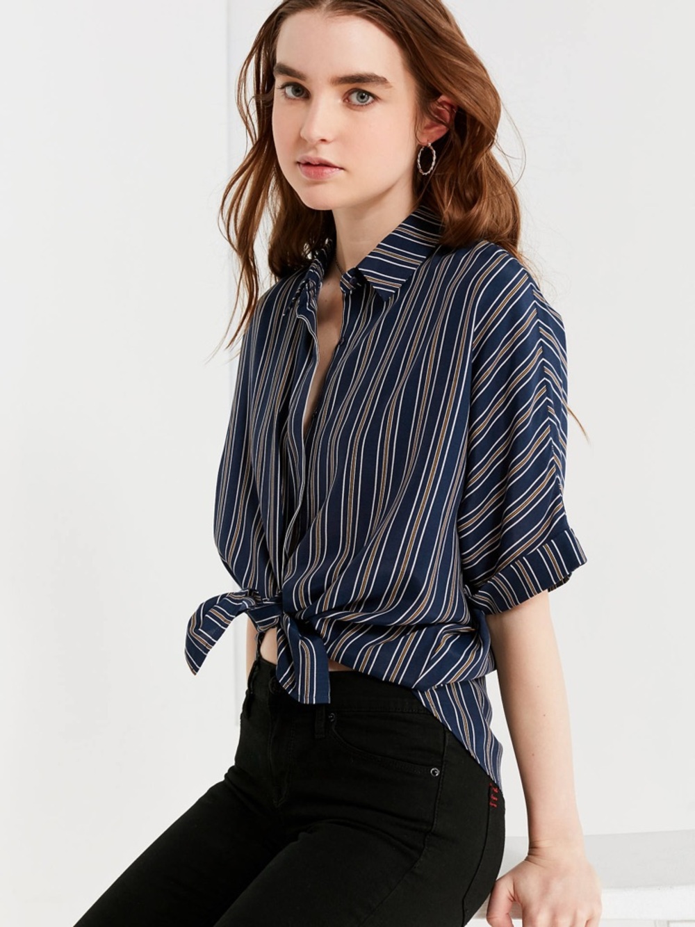 UO Navy Blue, Striped Oversized Top. Short Sleeve, button down. Small-P